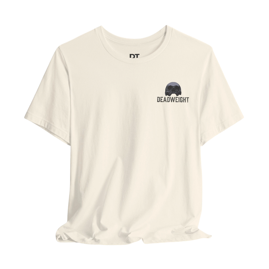DailyThreadCo. cream cotton athletic tee with crew neck and small chest graphic of a skull and the word DEADWEIGHT.
