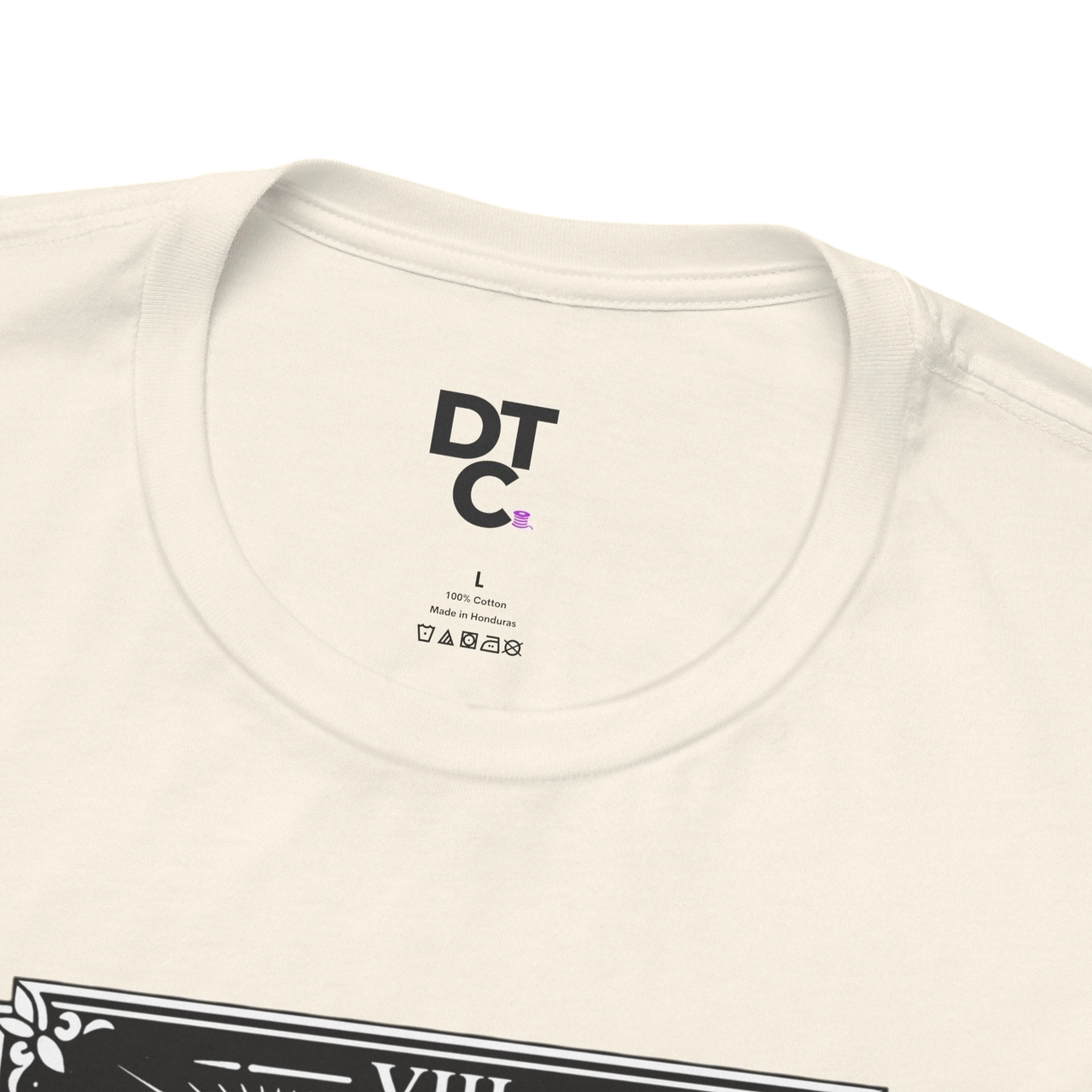 DailyThreadCo. cream 100% cotton crew neck t-shirt with vintage Strength tarot card illustration of woman and lion.
