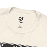DailyThreadCo. cream 100% cotton crew neck t-shirt with vintage Strength tarot card illustration of woman and lion.