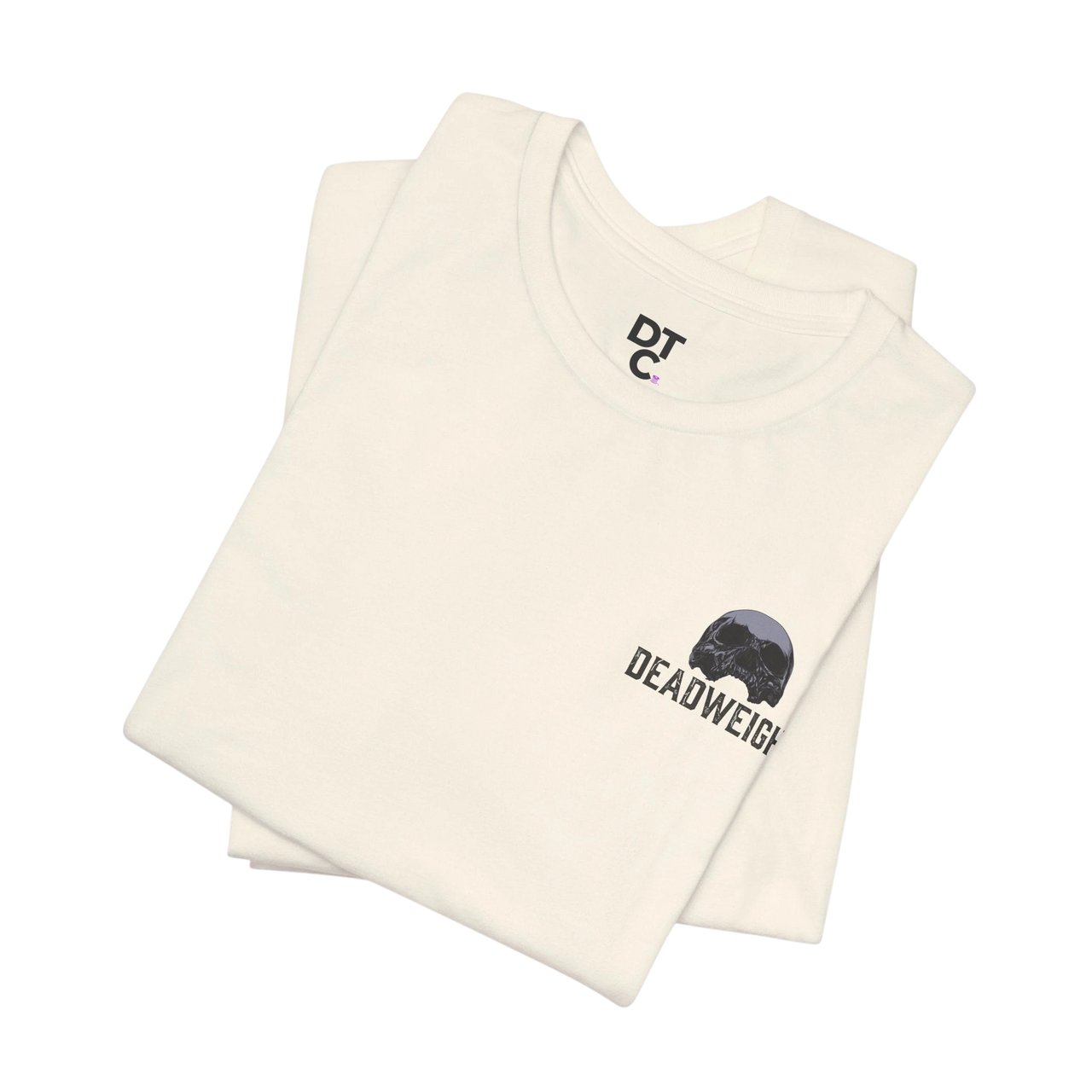 DailyThreadCo. cream 100% cotton t-shirt with a small chest graphic of a skull and the word "DEADWEIGH"