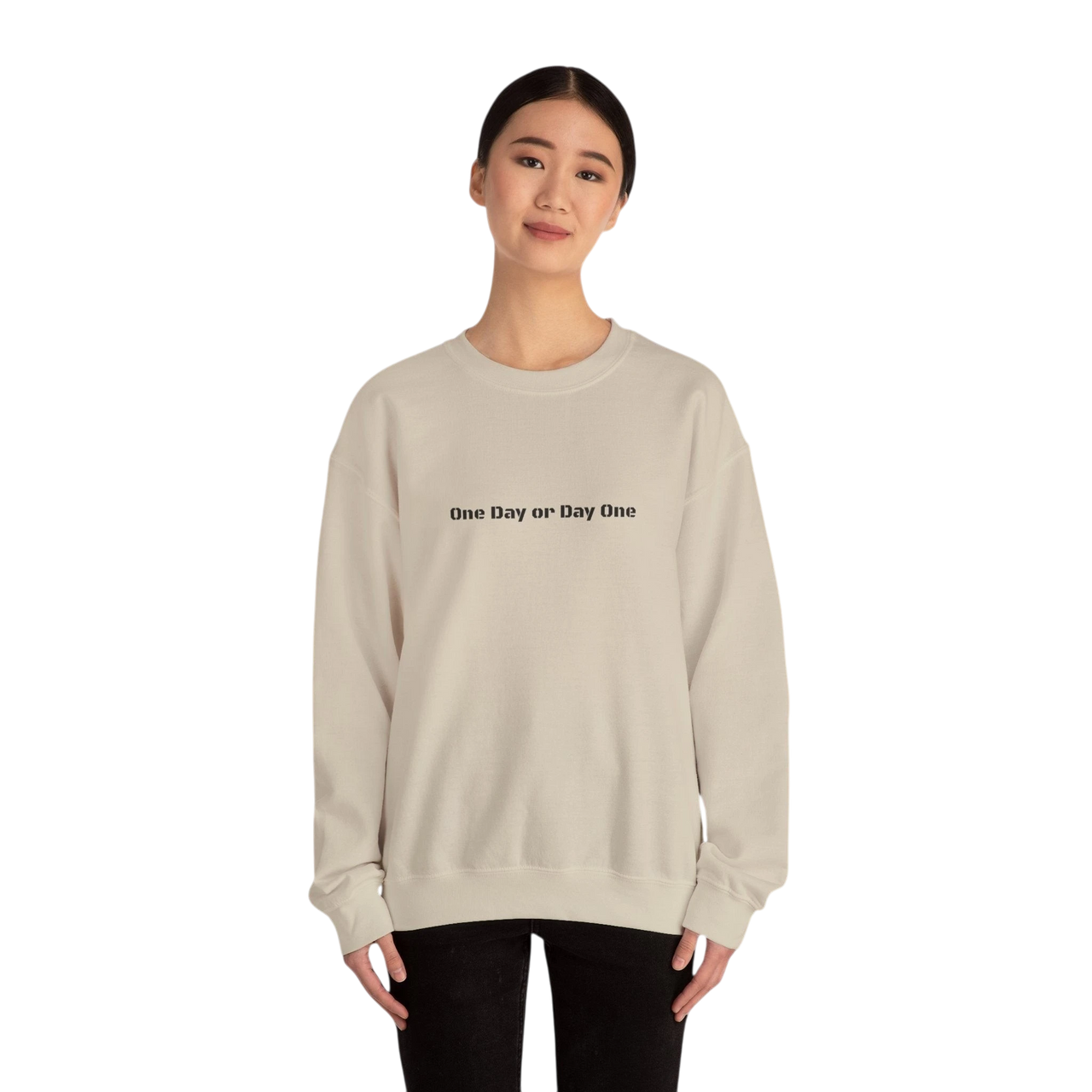 DailyThreadCo. cream crewneck sweatshirt with "One Day or Day One" text graphic on front, made from cotton blend.