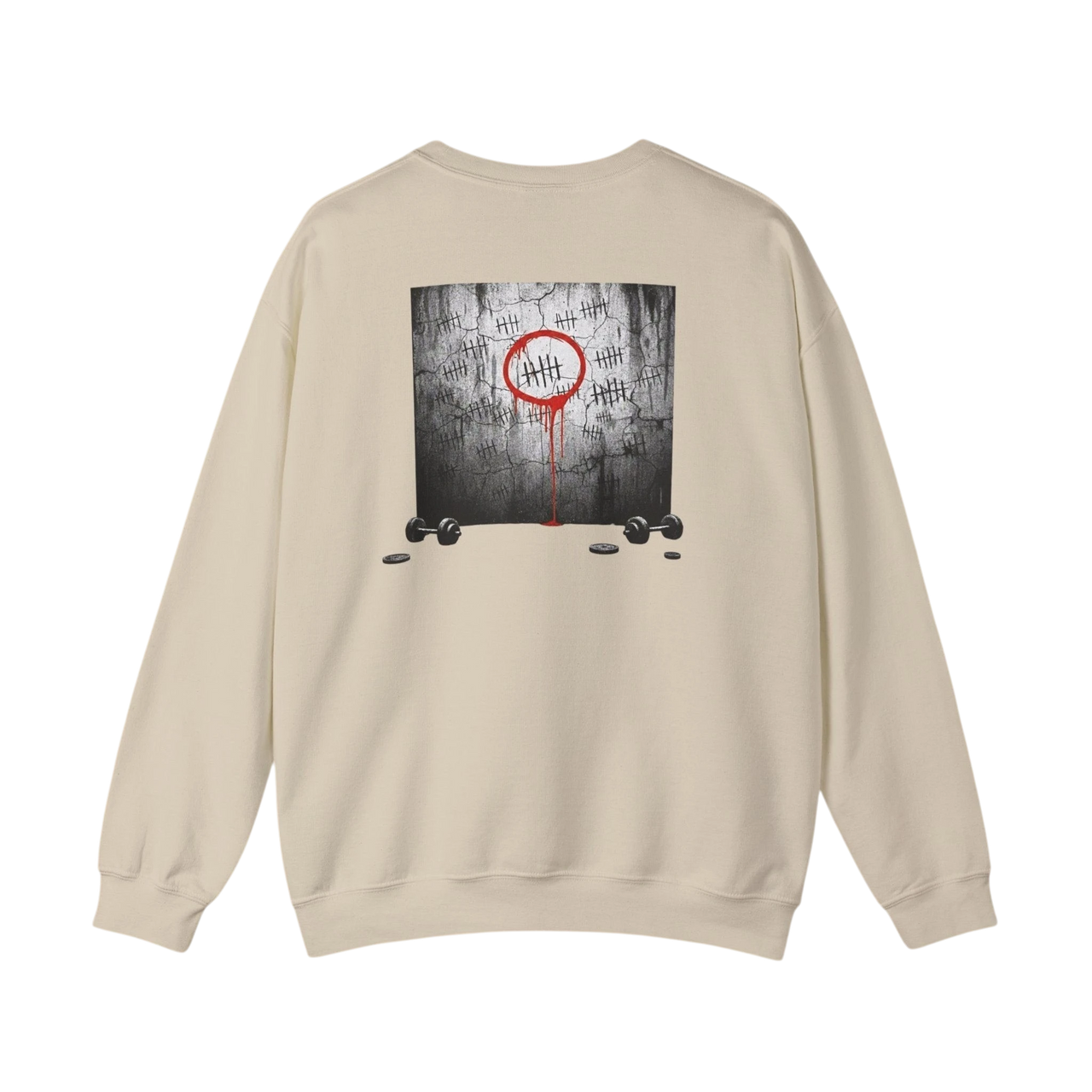 DailyThreadCo. cream crewneck sweatshirt with a graphic of tally marks on a cracked wall, a red circle, and dripping red paint. Two dumbbells and weights are at the bottom.