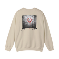 DailyThreadCo. cream crewneck sweatshirt with a graphic of tally marks on a cracked wall, a red circle, and dripping red paint. Two dumbbells and weights are at the bottom.