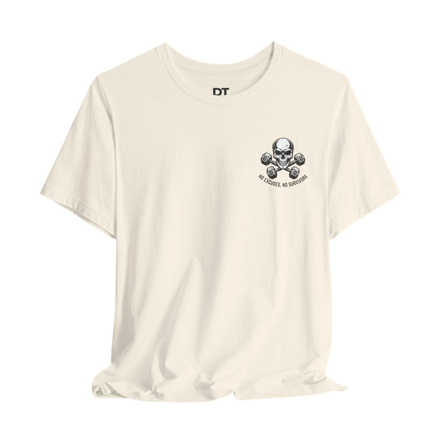 DailyThreadCo. cream 100% Airlume cotton t-shirt with a small skull and dumbbells graphic on the left chest.
