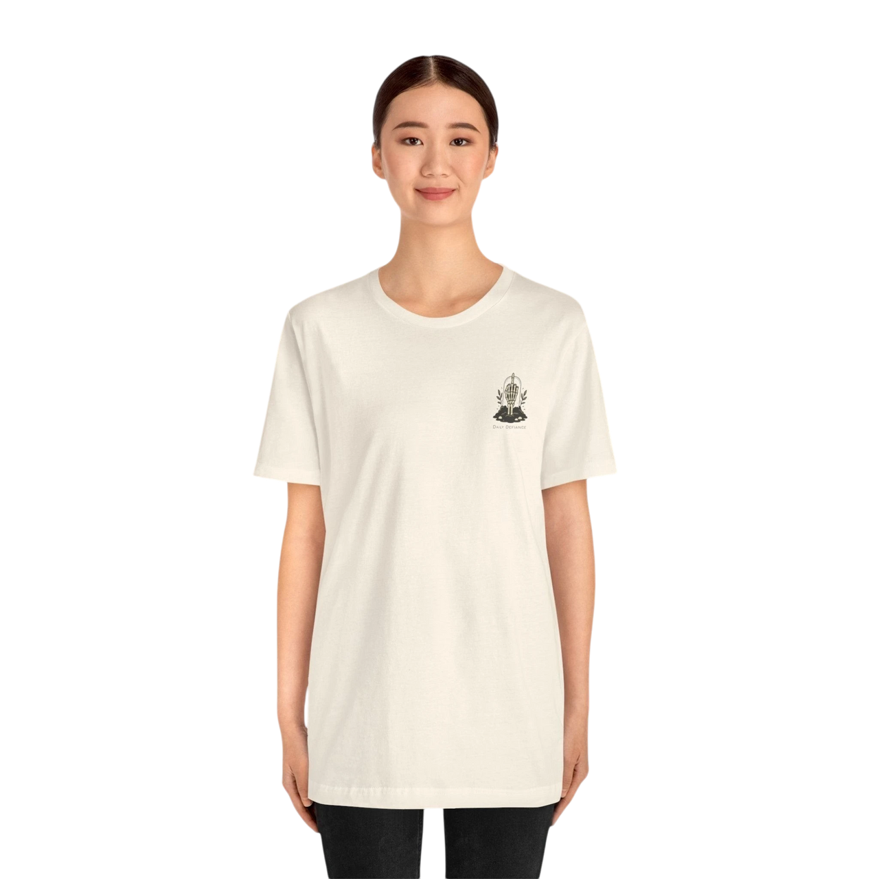 DailyThreadCo. cream 100% cotton t-shirt with a small gothic skeleton hand graphic on the chest.