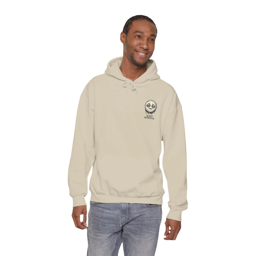 DailyThreadCo. cream 50/50 cotton-poly fleece hoodie with a dripping moon graphic and "SLEEP DEPRIVED" text.