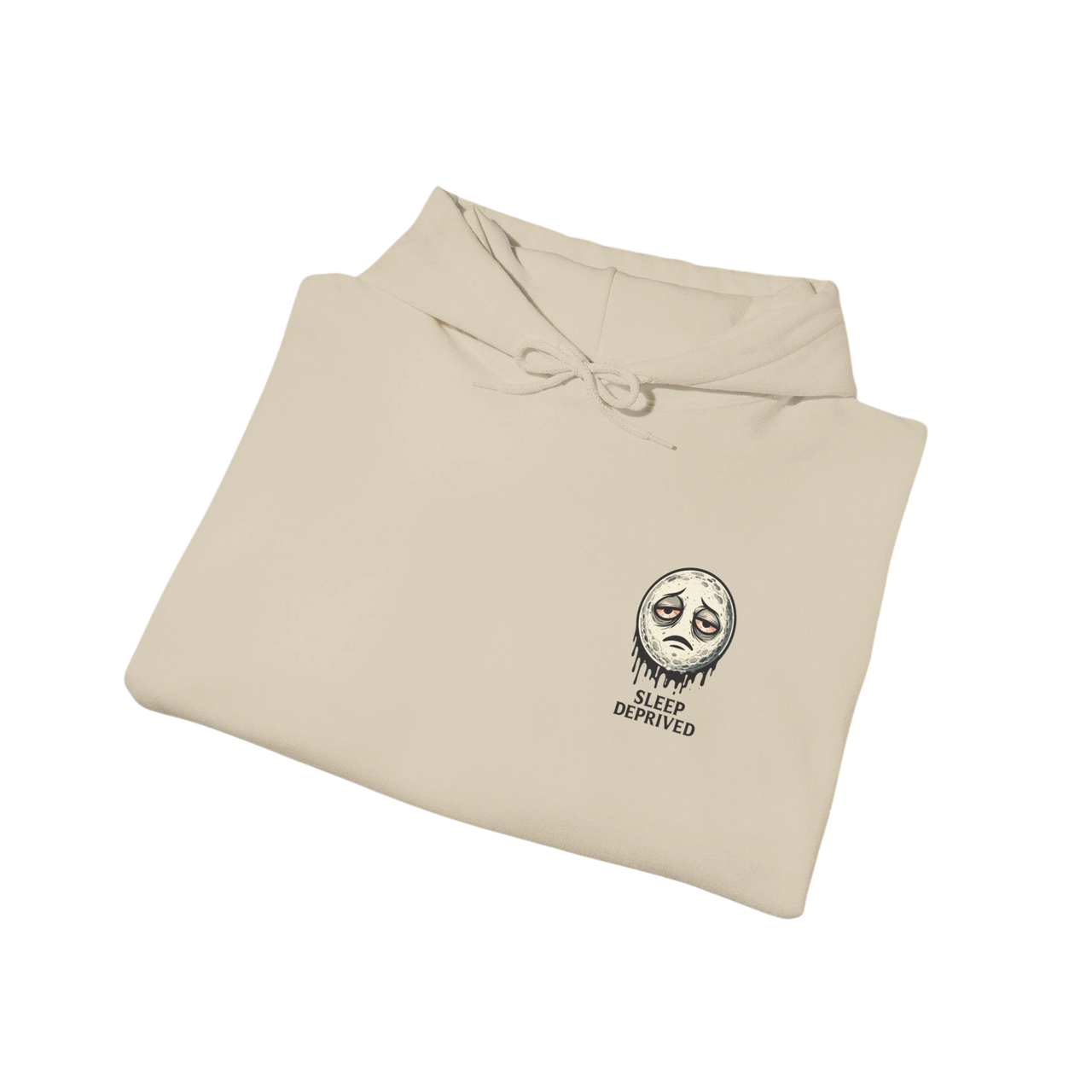 DailyThreadCo. cream 50/50 cotton-poly fleece hoodie with a dripping moon graphic and "SLEEP DEPRIVED" text.