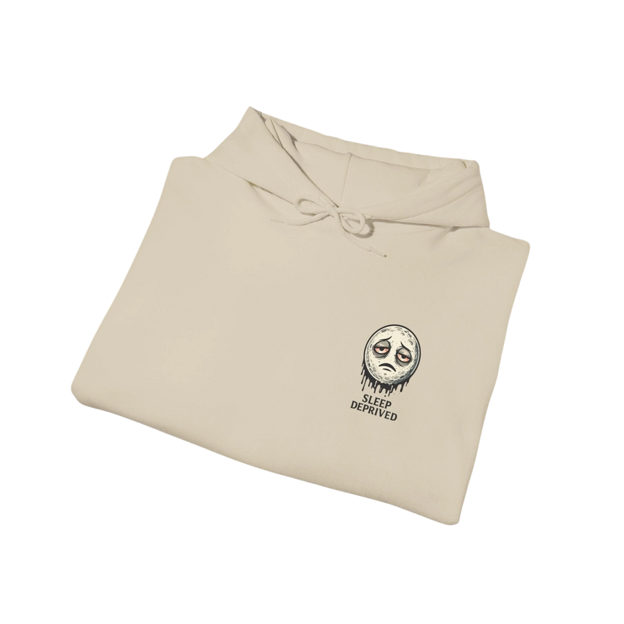 DailyThreadCo. cream 50/50 cotton-poly fleece hoodie with a dripping moon graphic and "SLEEP DEPRIVED" text.