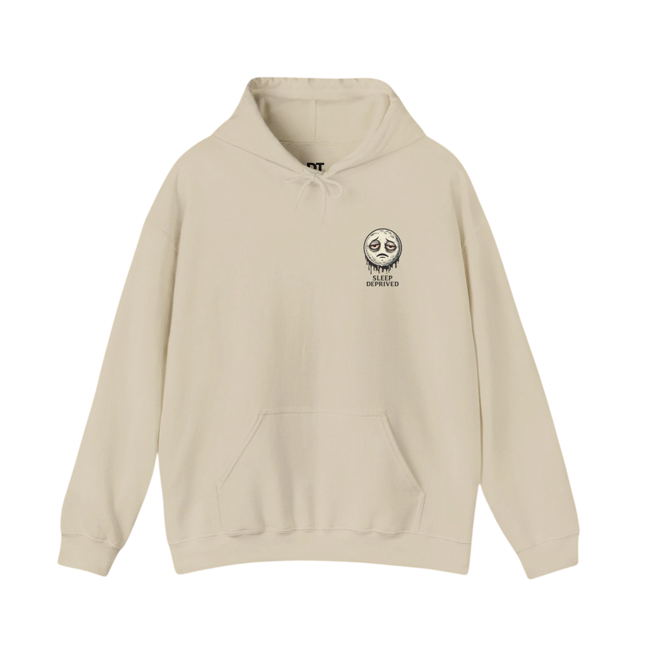 DailyThreadCo. cream 50/50 cotton-poly fleece hoodie with a dripping moon graphic and "SLEEP DEPRIVED" text.