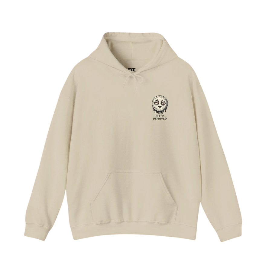 DailyThreadCo. cream 50/50 cotton-poly fleece hoodie with a dripping moon graphic and "SLEEP DEPRIVED" text.
