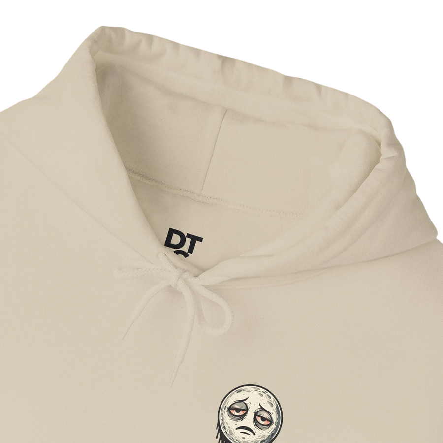 DailyThreadCo. cream 50/50 cotton-poly fleece hoodie with a dripping moon graphic and "SLEEP DEPRIVED" text.