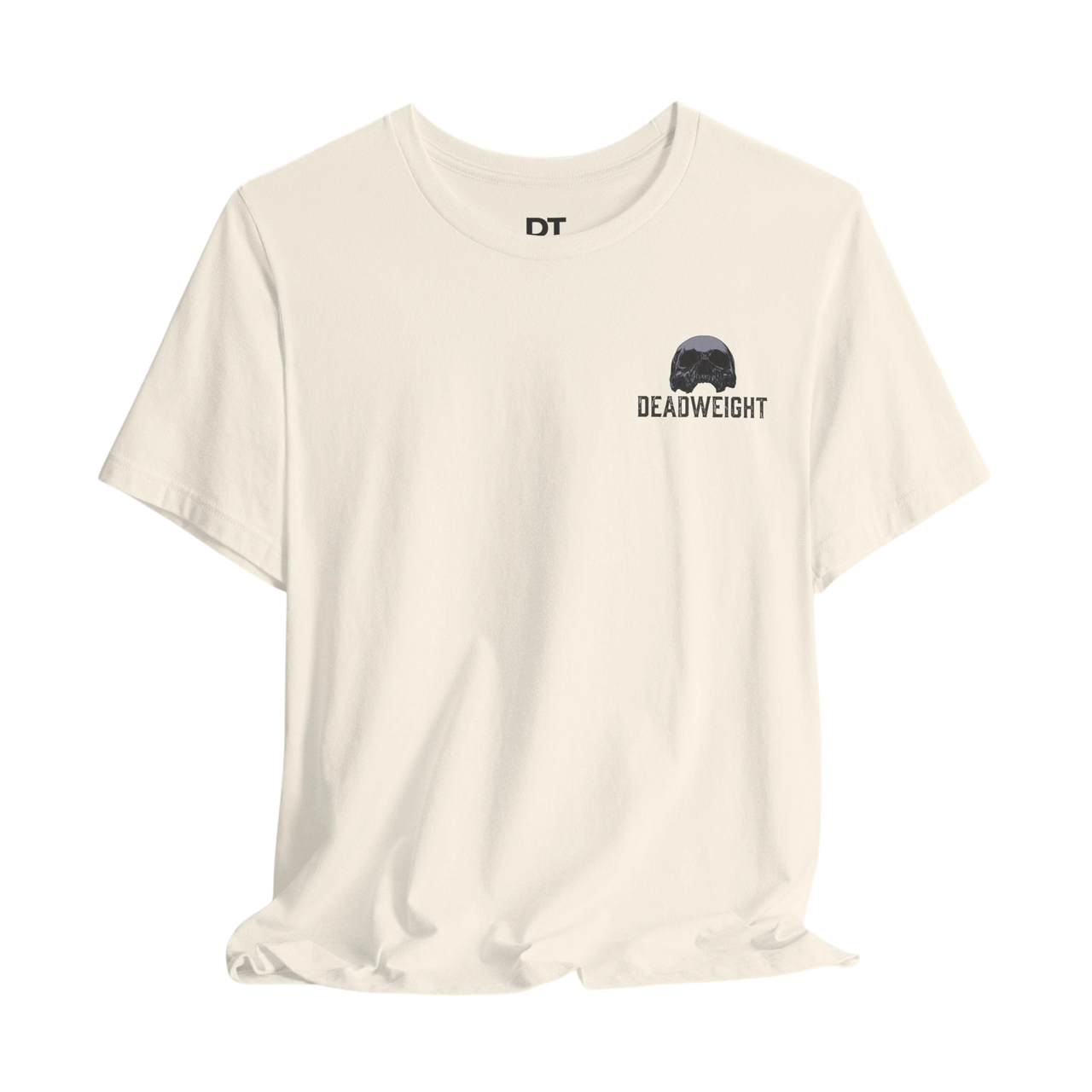 DailyThreadCo. cream 100% cotton graphic t-shirt with a small black skull and 'DEADWEIGHT' logo on the chest.