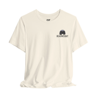 DailyThreadCo. cream 100% cotton graphic t-shirt with a small black skull and 'DEADWEIGHT' logo on the chest.
