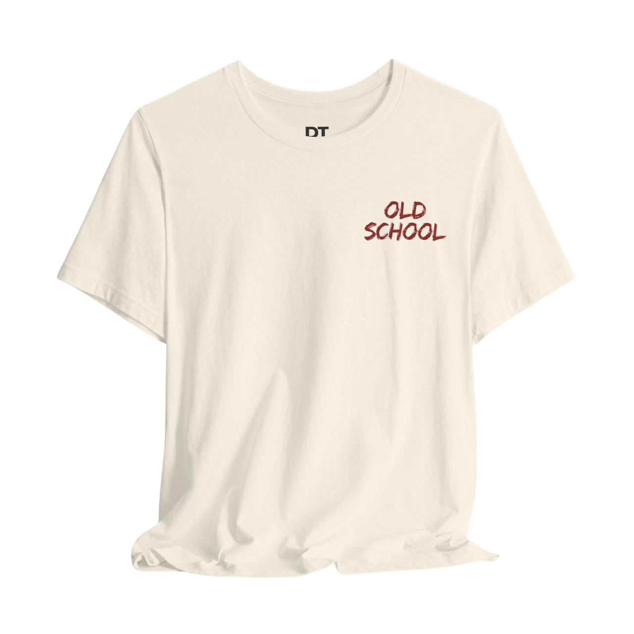 DailyThreadCo. cream 100% cotton t-shirt with red 'OLD SCHOOL' graphic on the chest and crew neck.