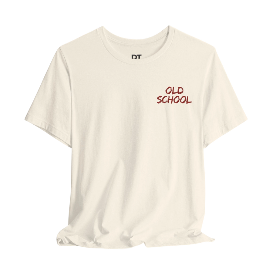DailyThreadCo. cream 100% cotton t-shirt with red 'OLD SCHOOL' graphic on the chest and crew neck.