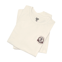 DailyThreadCo. cream 100% cotton crew neck t-shirt with a skeleton weightlifter graphic on the chest.