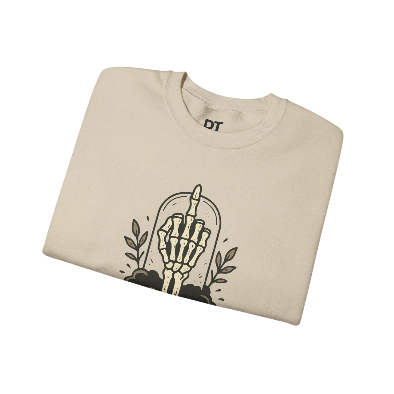 DailyThreadCo. cream crewneck sweatshirt with a skeleton hand graphic giving the middle finger, surrounded by leaves.
