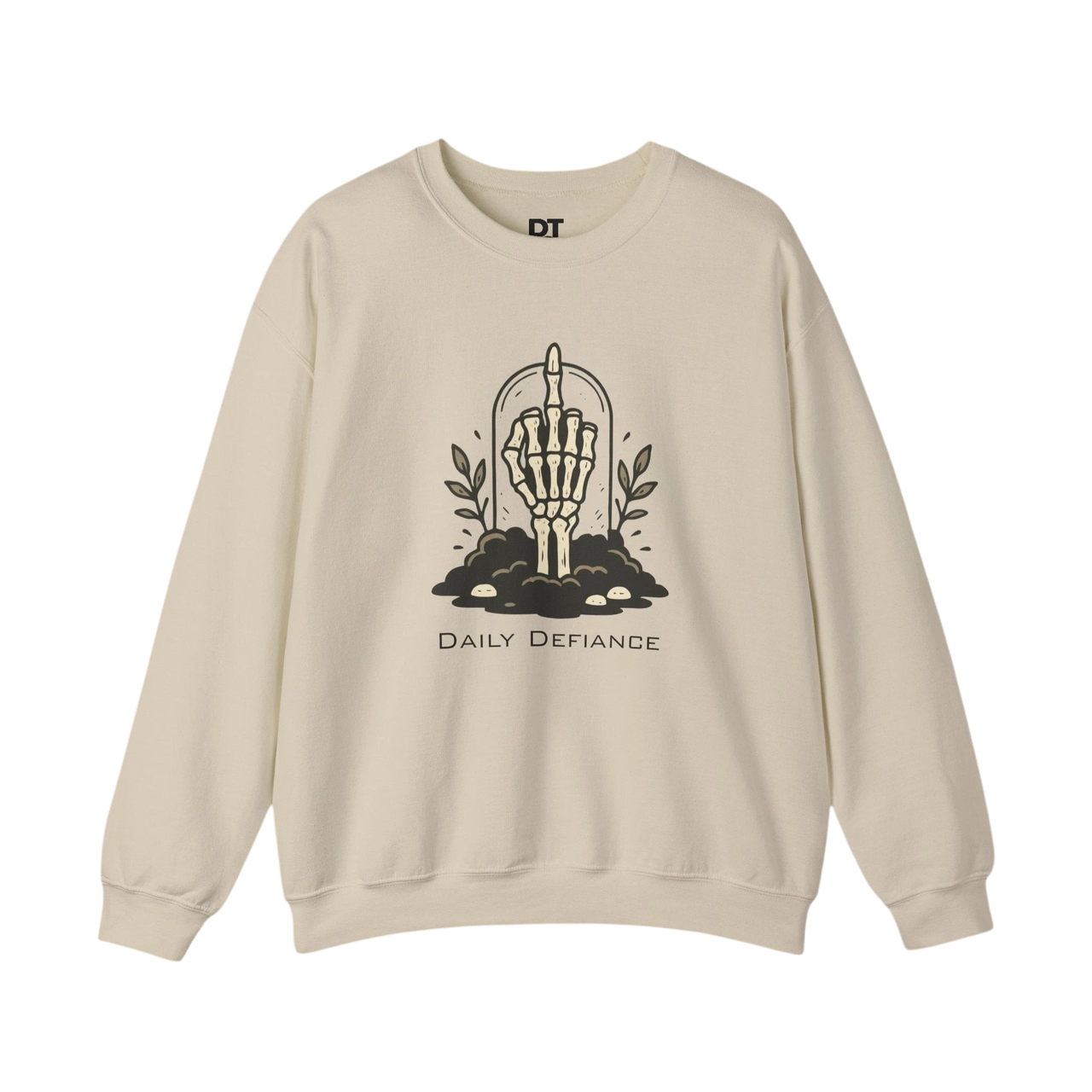 DailyThreadCo. cream crewneck sweatshirt with a skeleton hand graphic giving the middle finger, surrounded by foliage and text.