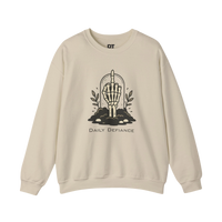DailyThreadCo. cream crewneck sweatshirt with a skeleton hand graphic giving the middle finger, surrounded by foliage and text.