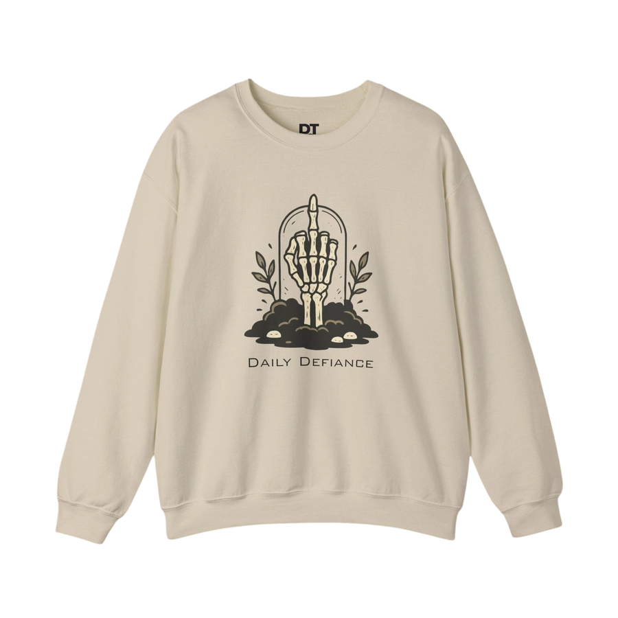 DailyThreadCo. cream crewneck sweatshirt with a skeleton hand graphic giving the middle finger, surrounded by foliage and text.