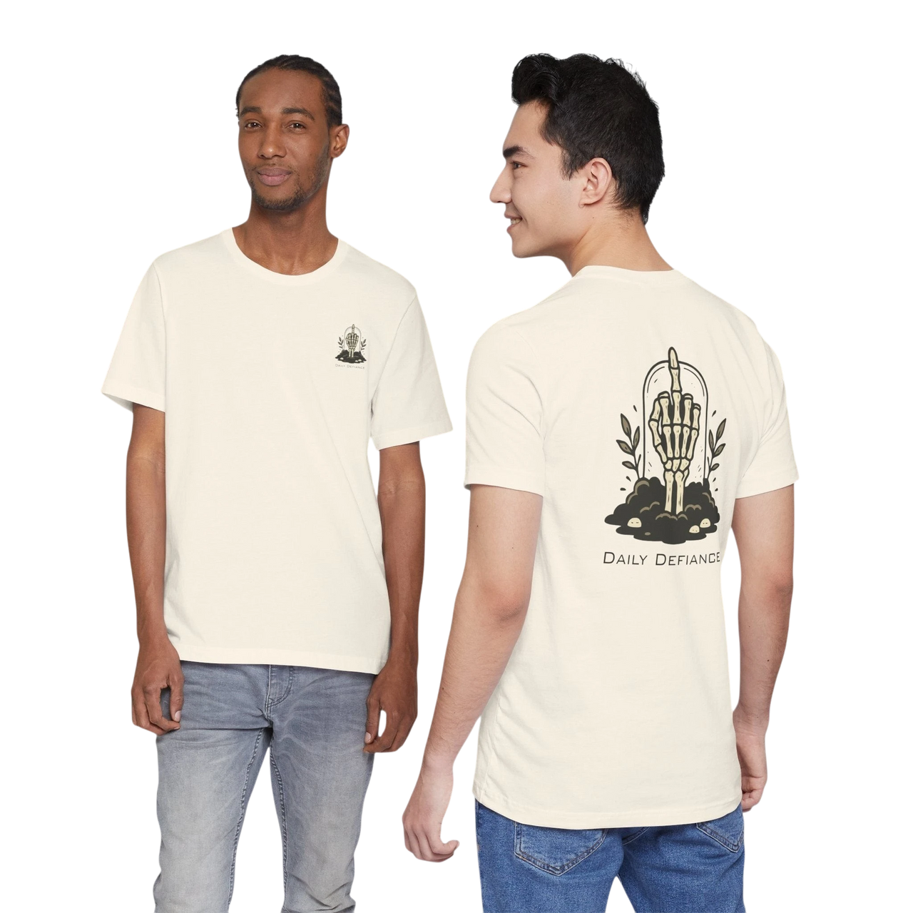 DailyThreadCo. cream 100% cotton t-shirt with a skeleton hand graphic on the back and small chest emblem. Muted rose color.