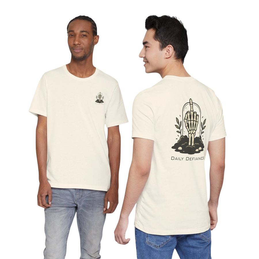 DailyThreadCo. cream 100% cotton t-shirt with a skeleton hand graphic on the back and small chest emblem. Muted rose color.