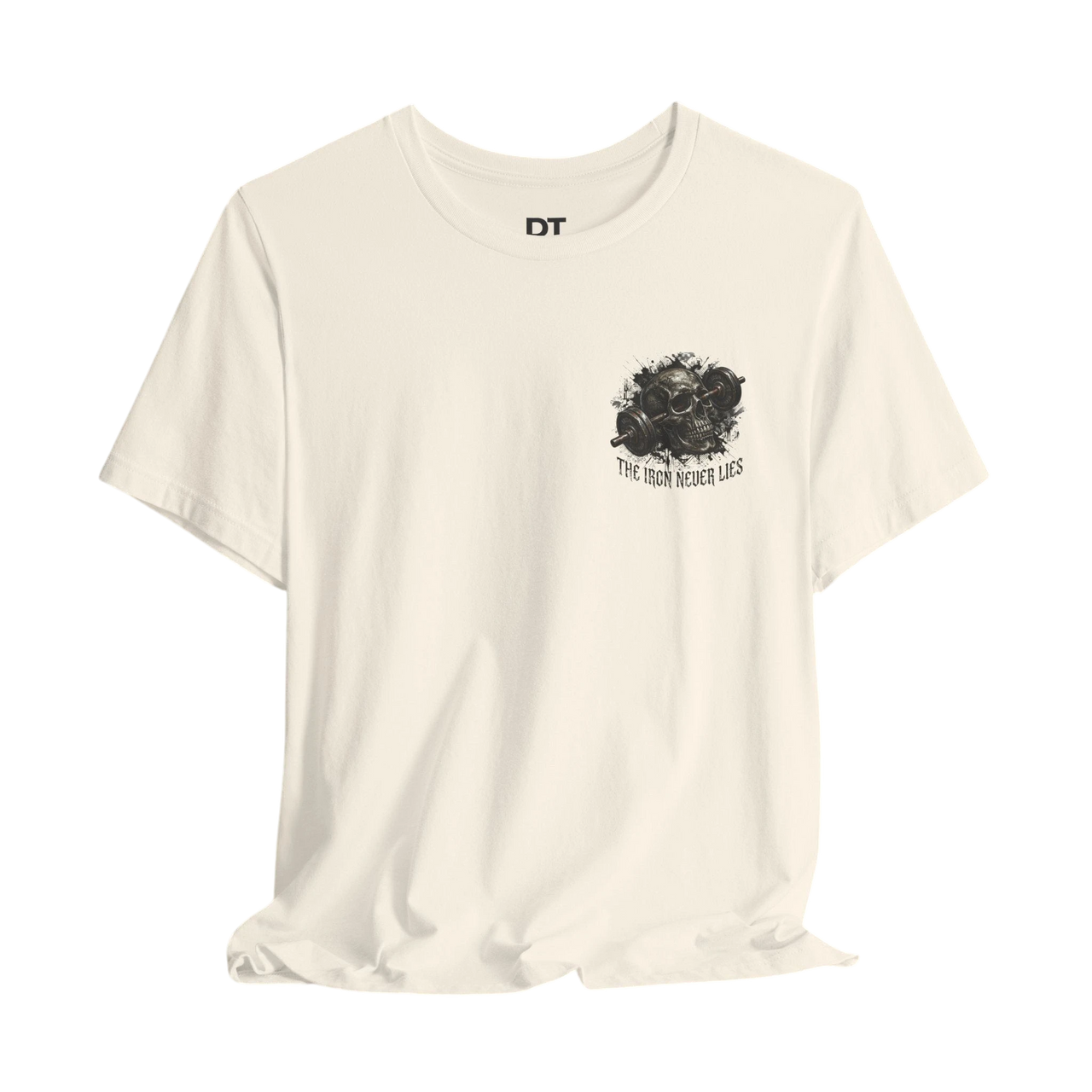 DailyThreadCo. cream cotton t-shirt with a black skull and barbell graphic on the chest and "THE IRON NEVER LIES" text.