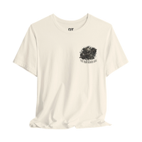 DailyThreadCo. cream cotton t-shirt with a black skull and barbell graphic on the chest and 