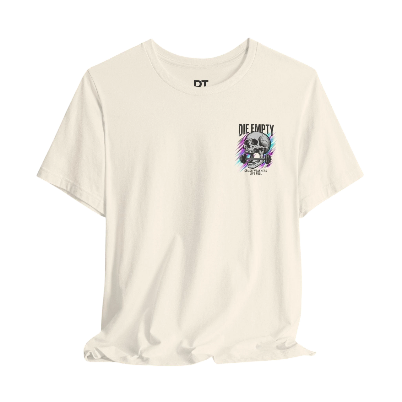DailyThreadCo. cream 100% cotton t-shirt with a skull graphic holding a barbell and neon streaks. Text reads "DIE EMPTY".