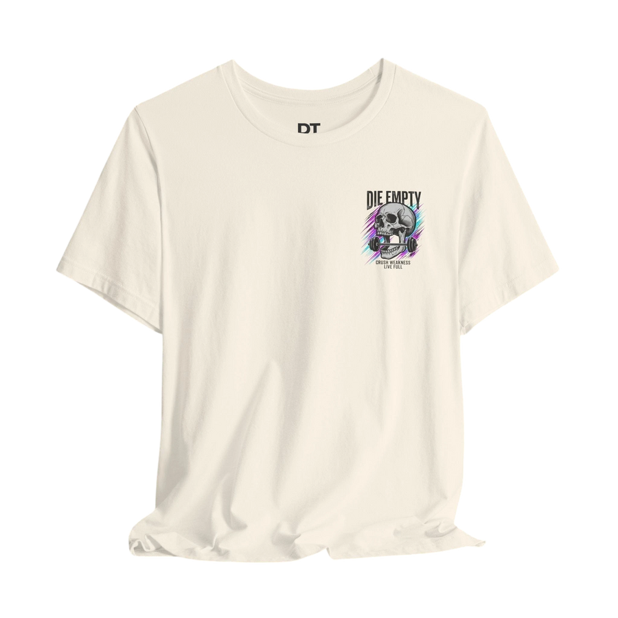 DailyThreadCo. cream 100% cotton t-shirt with a skull graphic holding a barbell and neon streaks. Text reads "DIE EMPTY".