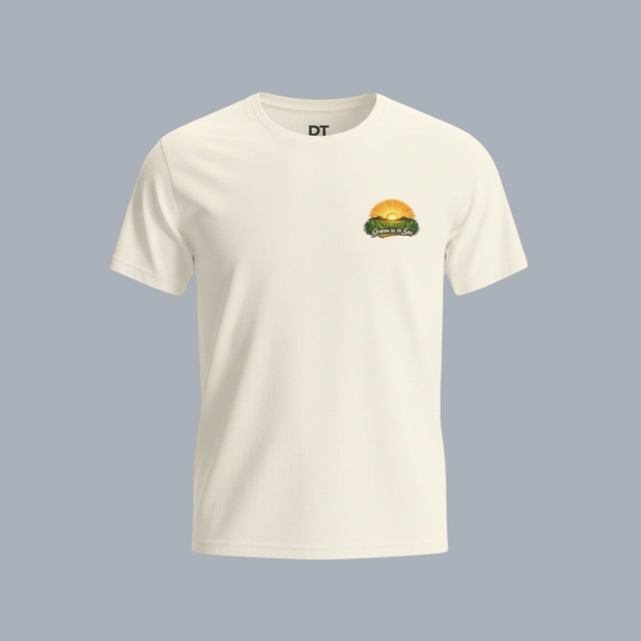 DailyThreadCo. cream 100% Airlume cotton t-shirt with a vintage sunrise farming graphic on the back and chest.