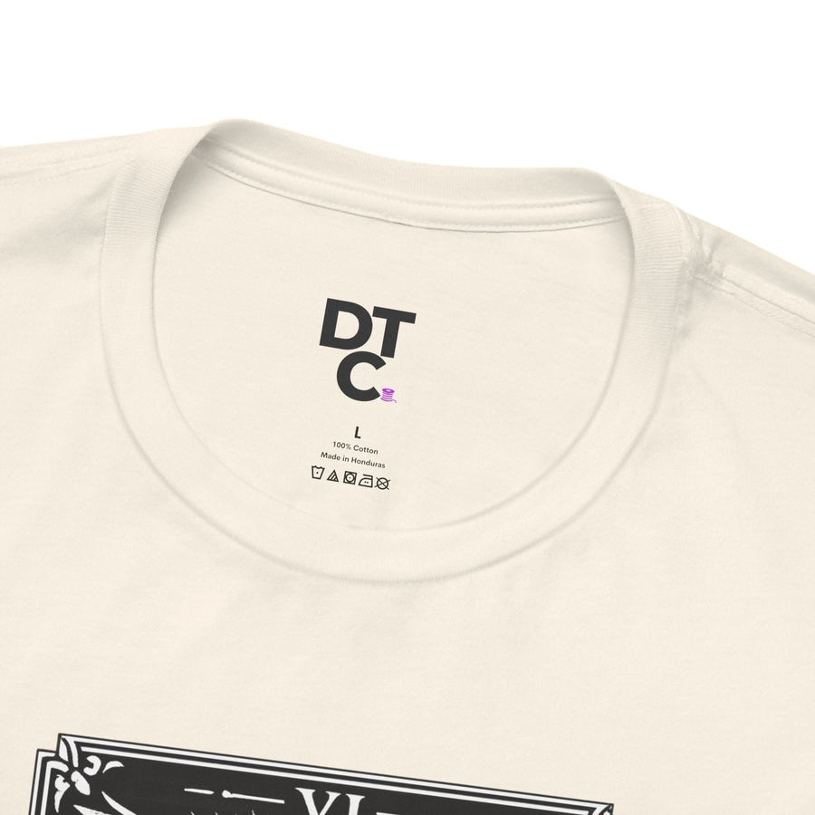 DailyThreadCo. cream 100% cotton t-shirt with black 'The Lovers' tarot card graphic and occult symbols.