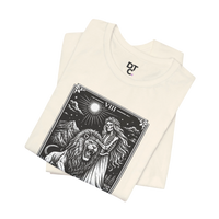 DailyThreadCo. cream 100% cotton t-shirt with vintage Strength tarot card illustration of a skeleton woman and a lion.