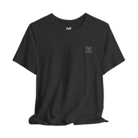 DailyThreadCo. dark charcoal grey cotton tee with a small chest emblem and large back print of crossed barbells and a skull.