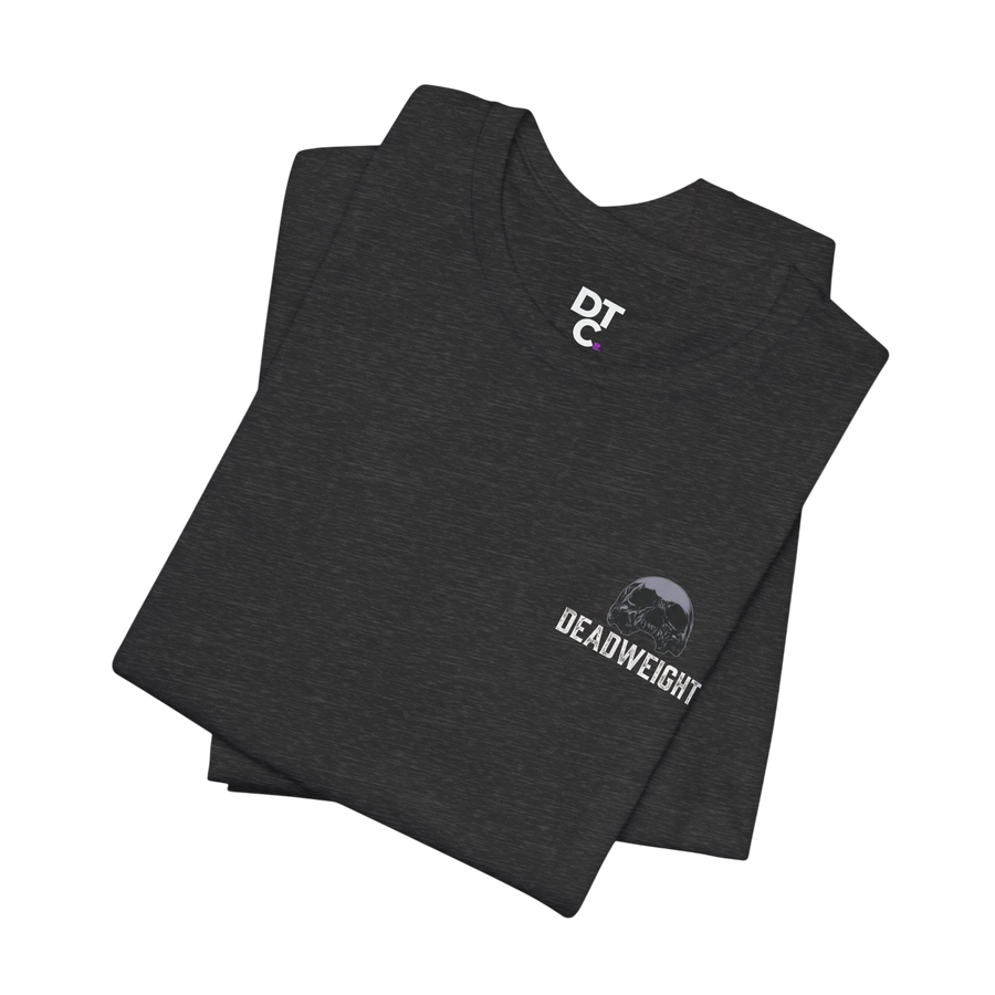 DailyThreadCo. dark grey 100% Airlume cotton training t-shirt with "DEADWEIGHT" and skull graphic on chest.