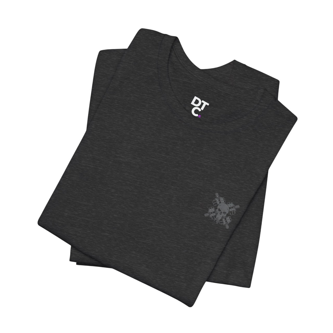 DailyThreadCo. dark grey 100% cotton crewneck t-shirt with a small DTC logo on the chest and a crossed barbells and skull graphic on the back.