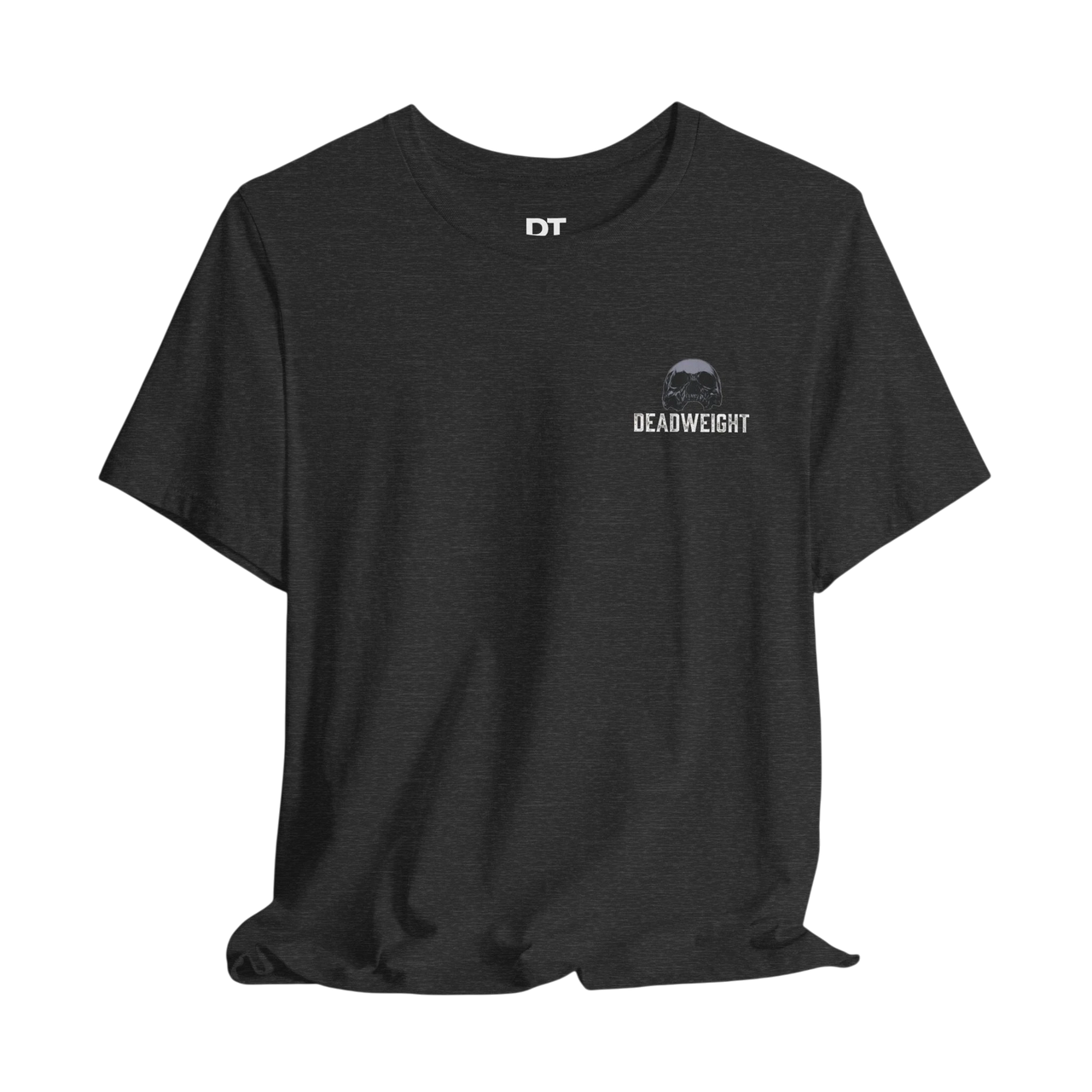 DailyThreadCo. dark grey 100% Airlume cotton crew neck t-shirt with "DEADWEIGHT" and skull graphic on chest.