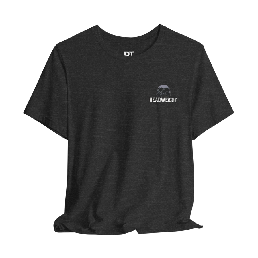 DailyThreadCo. dark grey 100% Airlume cotton crew neck t-shirt with "DEADWEIGHT" and skull graphic on chest.