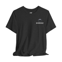 DailyThreadCo. dark grey heather cotton t-shirt with small chest logo and bold back graphic, crew neck, short sleeves.