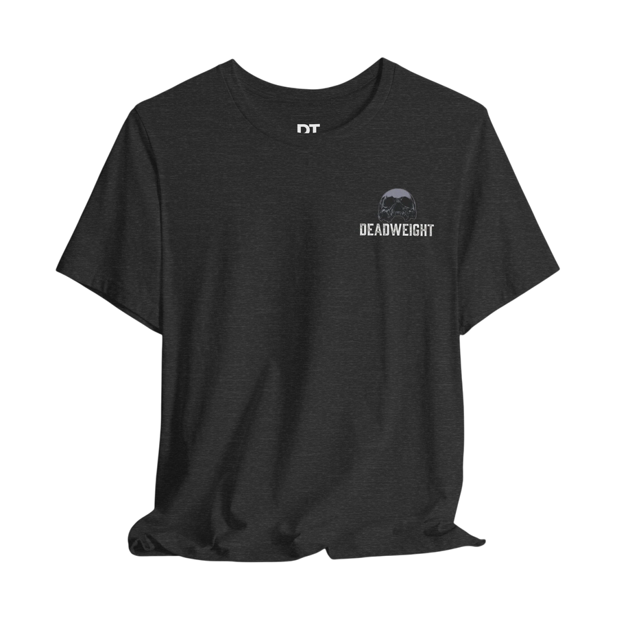 DailyThreadCo. dark grey heather cotton t-shirt with small chest logo and bold back graphic, crew neck, short sleeves.