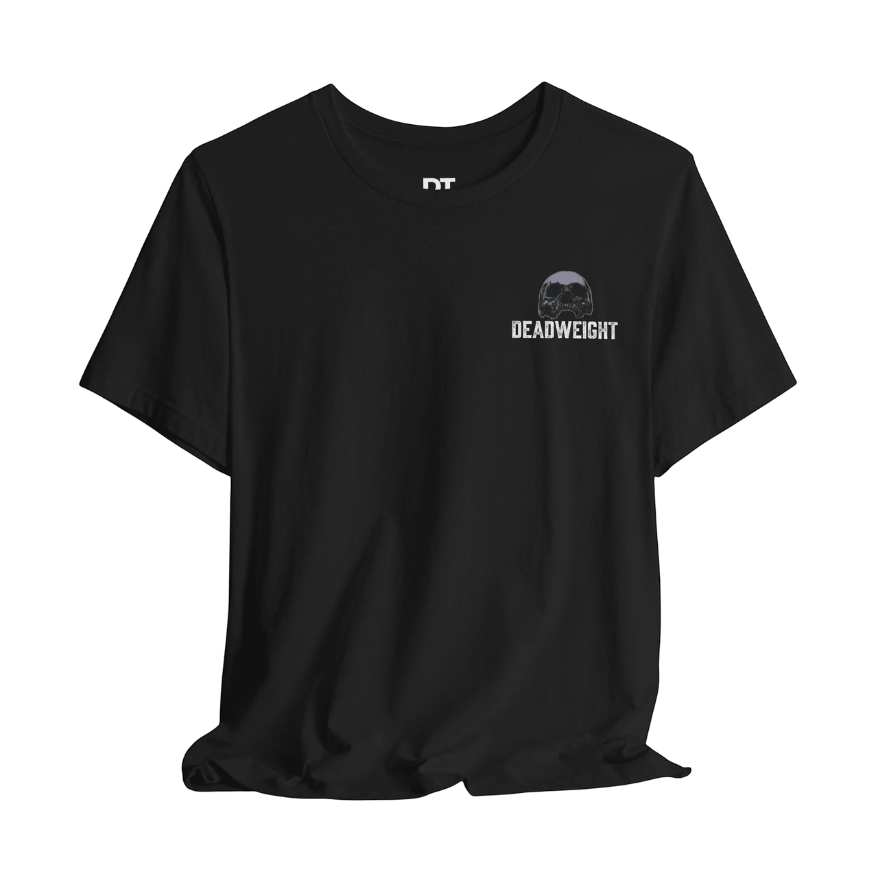 DailyThreadCo. black 100% cotton graphic gym tee with 'DEADWEIGHT' skull logo on chest.