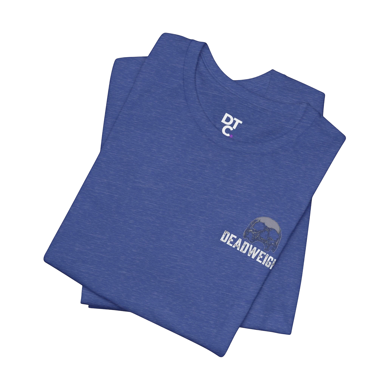 DailyThreadCo. blue heather cotton graphic tee with 'DEADWEIGH' text and skull graphic on chest.