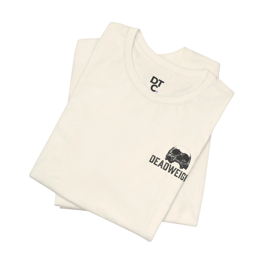DailyThreadCo. cream 100% cotton graphic tee with 'Deadweight' skull logo on chest and bold back text.