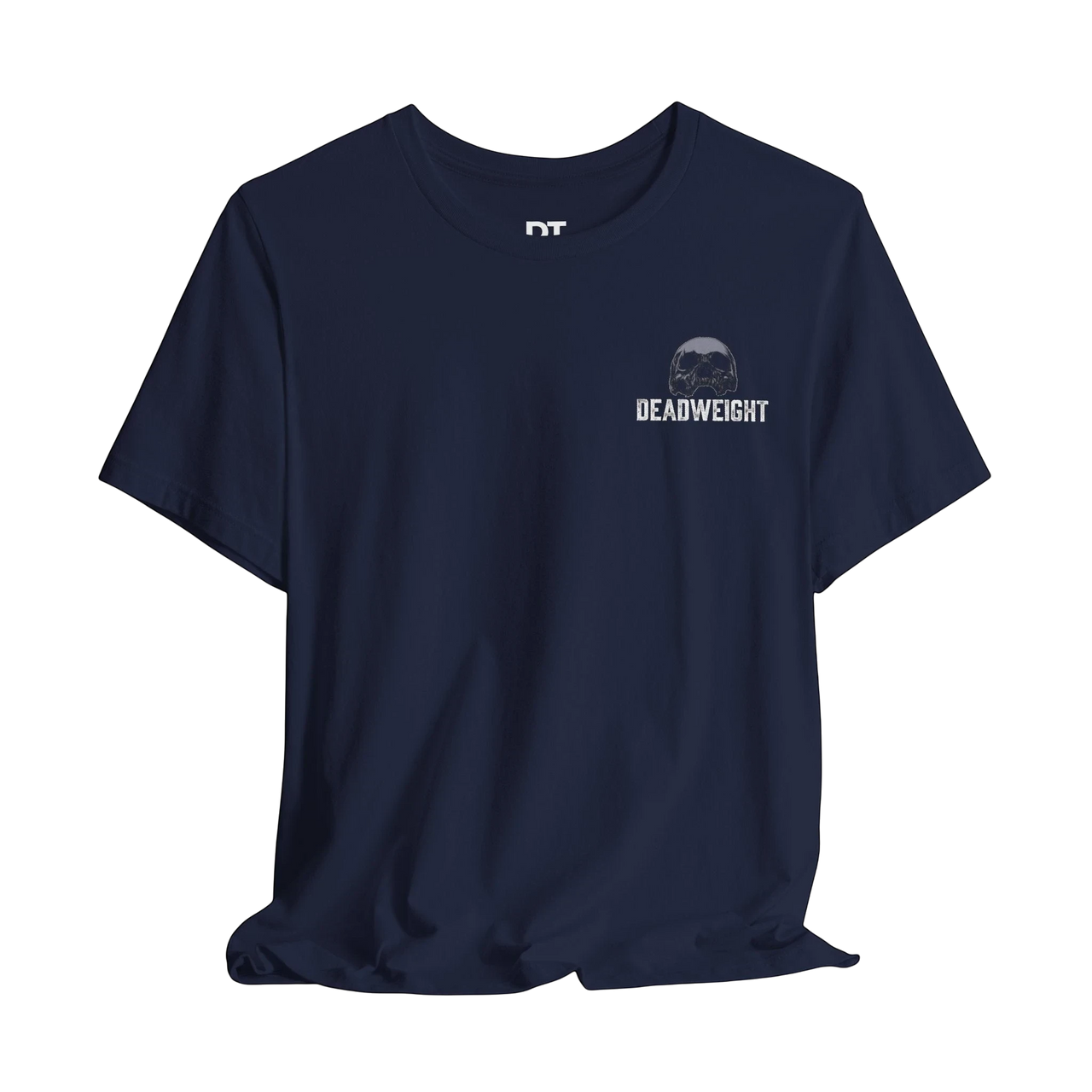 DailyThreadCo. navy blue 100% cotton graphic tee with 'DEADWEIGHT' text and skull emblem on chest.