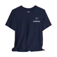 DailyThreadCo. navy blue 100% cotton graphic tee with 'DEADWEIGHT' text and skull emblem on chest.
