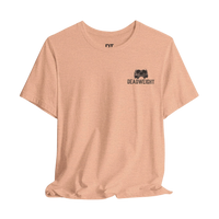 DailyThreadCo. peach cotton graphic tee with 'Deadweight' skull logo on chest and bold back text.
