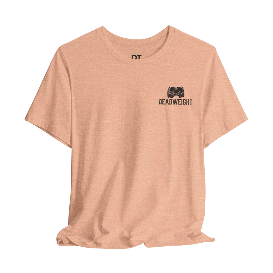 DailyThreadCo. peach cotton graphic tee with 'Deadweight' skull logo on chest and bold back text.
