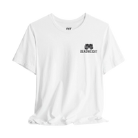 DailyThreadCo. white 100% cotton graphic tee with 'Deadweight' skull logo on chest and bold back text.