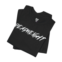DailyThreadCo. black crew-neck gym t-shirt with bold white jagged DEADWEIGHT text, made from soft breathable cotton.
