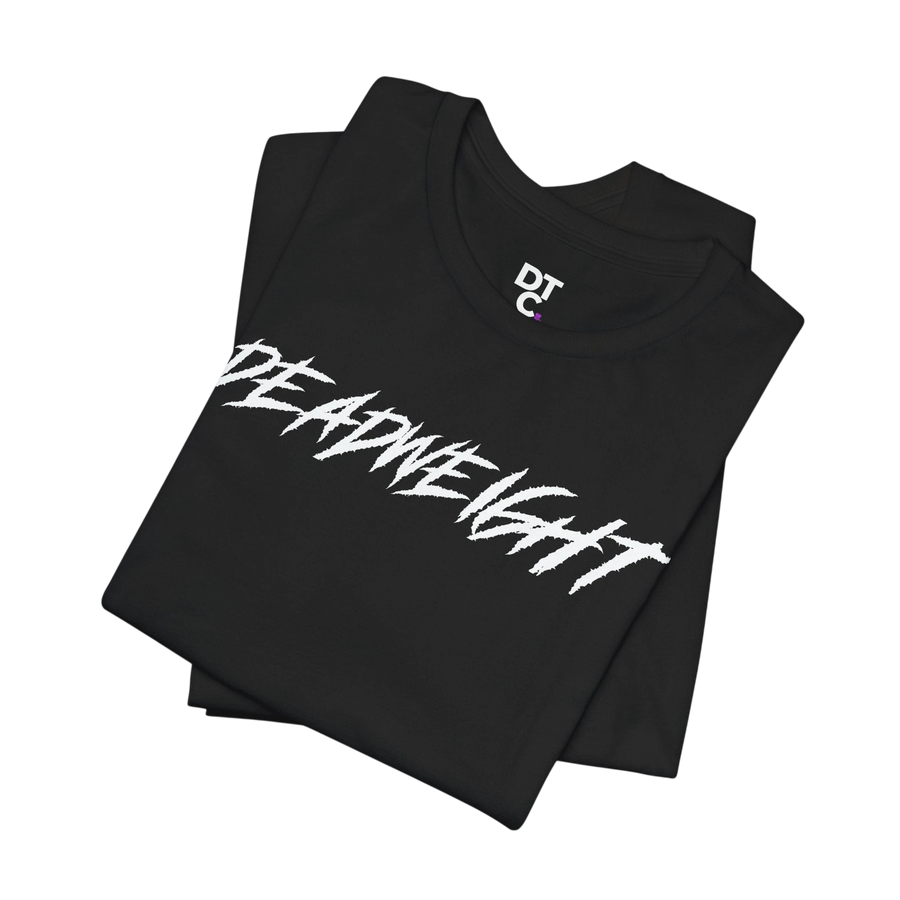 DailyThreadCo. black crew-neck gym t-shirt with bold white jagged DEADWEIGHT text, made from soft breathable cotton.